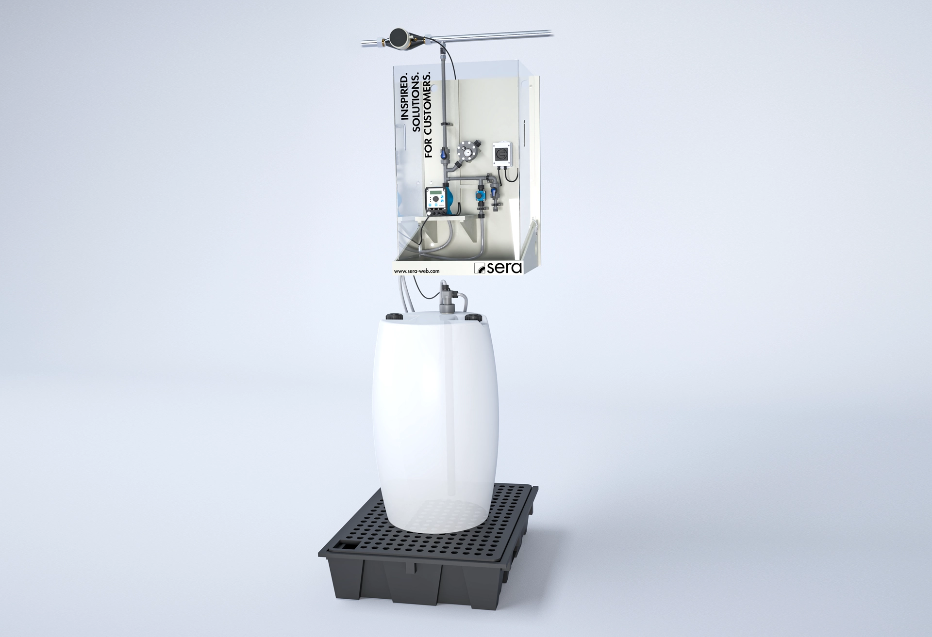 sera Dosieranlage mit Magnetmembranpumpen, Sauglanzen, Volumenstrommessung und Steuereinheit für präzise und bedarfsgerechte Bandschmierung in der Industrie