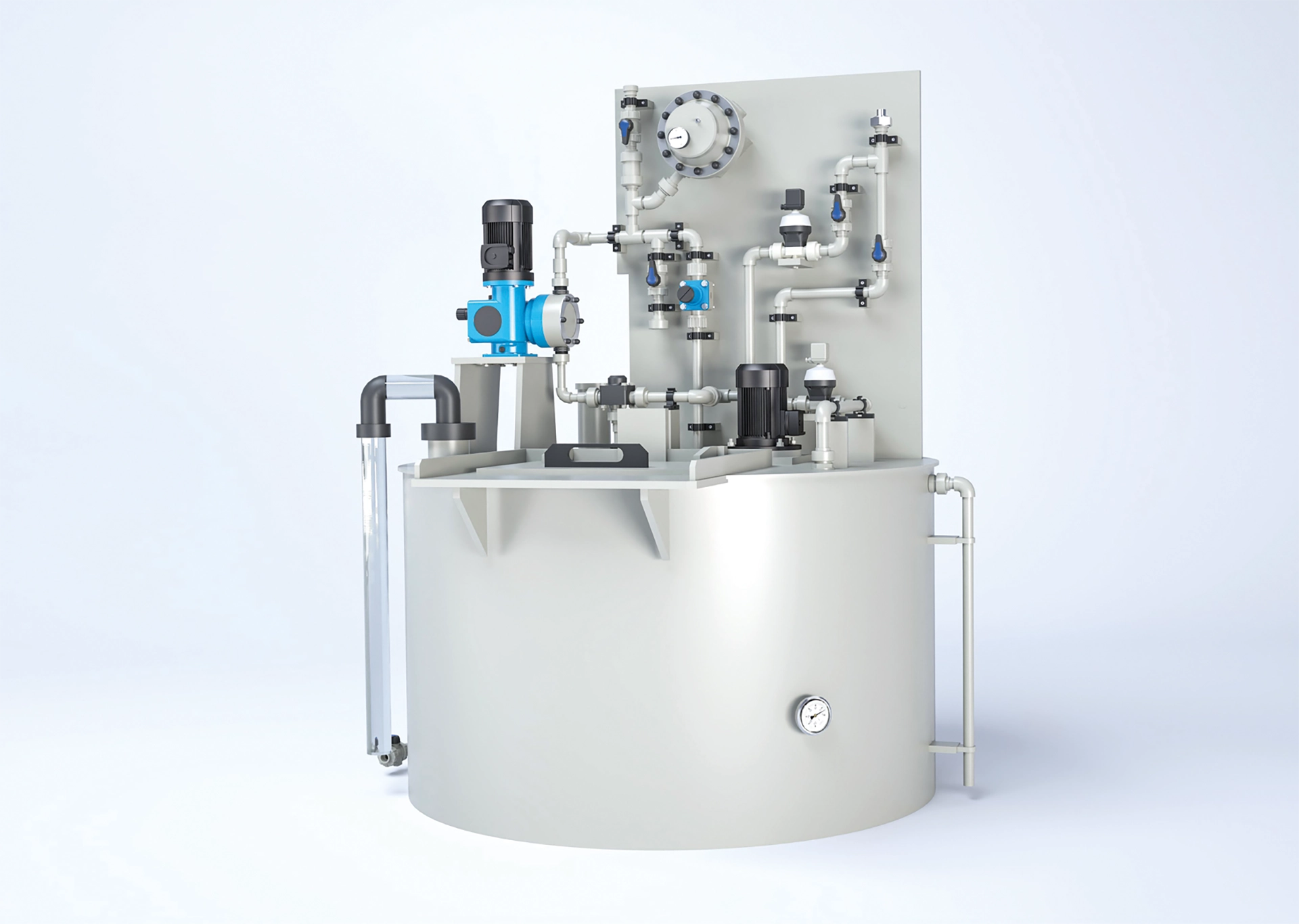 sera Dosieranlage mit Sackeinschütte und Rührwerk zum Lösen und Dosieren von Feststoffen wie CaCl₂ und CaSO₄ in PP-Behältern mit Kegelboden