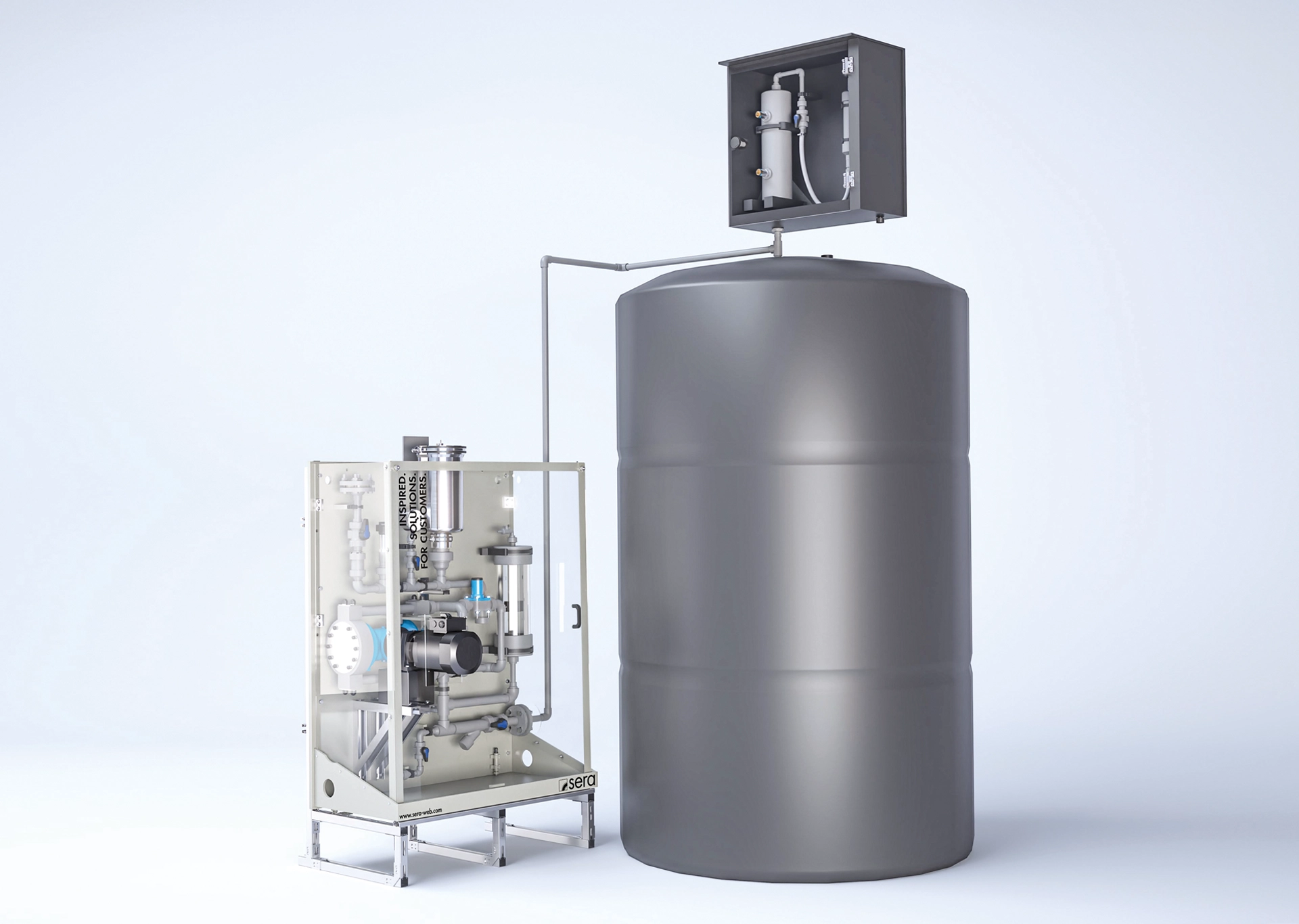 sera Dosieranlage mit Hebergefäß und Ansaughilfe zur sicheren Chemikalienentnahme aus Lagertanks in Konzentraträumen