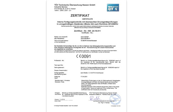 Zertifikat Druckgeräteprüfungen nach Richtlinie 2014/68/EU 
