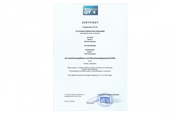 Zertifikat Fachbetriebsqualifikation nach §19 I (WHG) Wasserhaushaltsgesetz