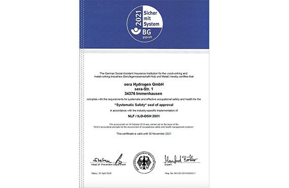 BG seal of approval "Sicher mit System" sera Hydrogen GmbH